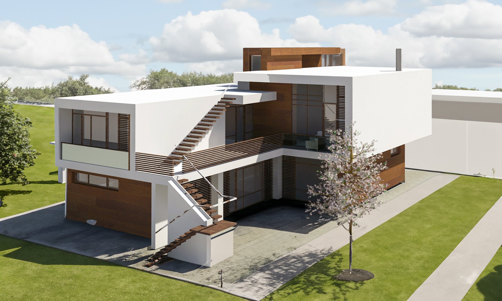 o randare 3d a unei case moderne, alba, cu lemn pe fatada.