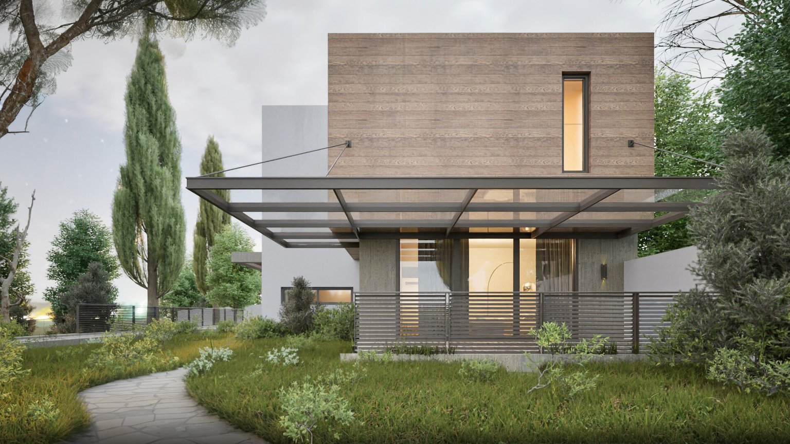 O randare a unei case moderne cu o pergola metalica