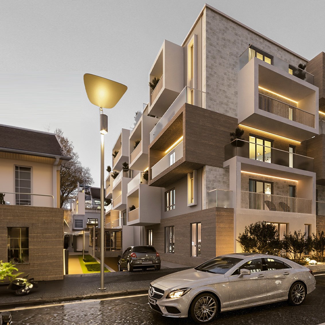 O cladire de apartamente eleganta, cu multe lumini si balcoane, cu fatada din lemn.