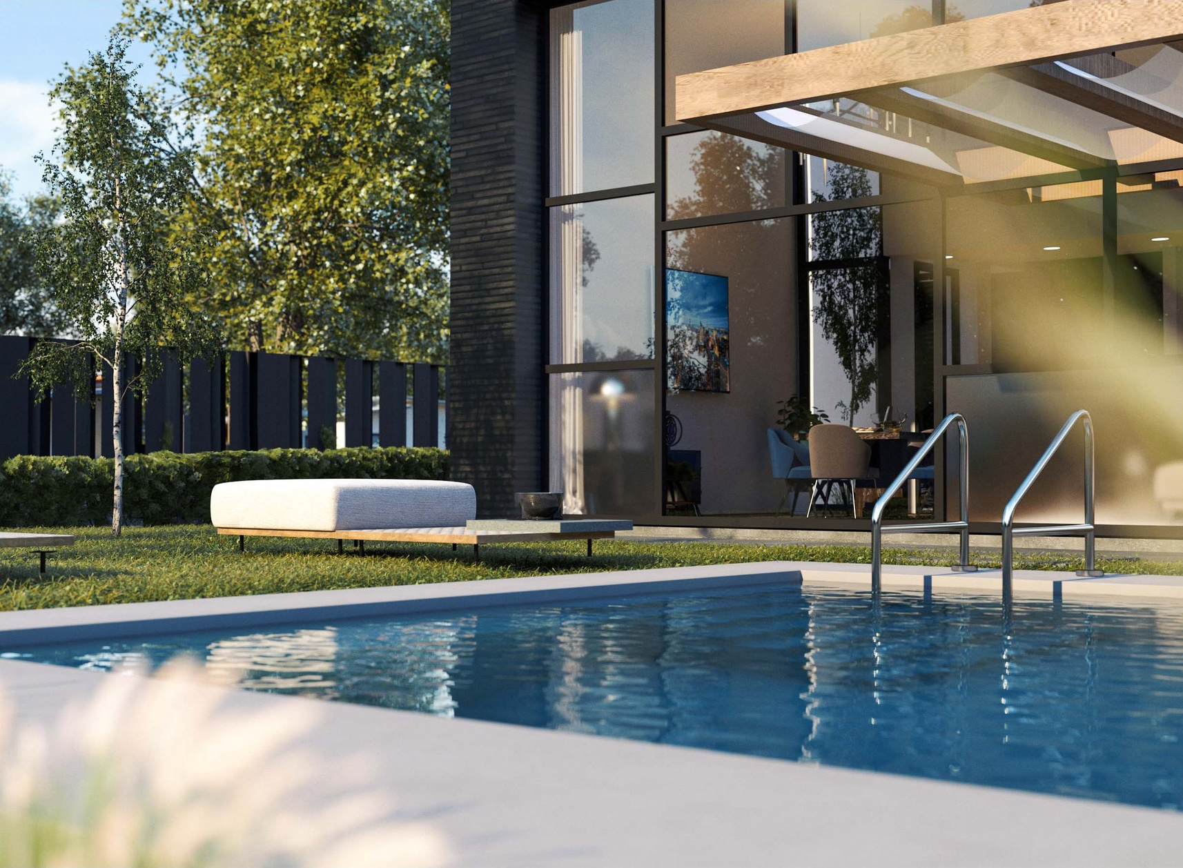 randare 3d a unei case moderne cu piscina in curte.