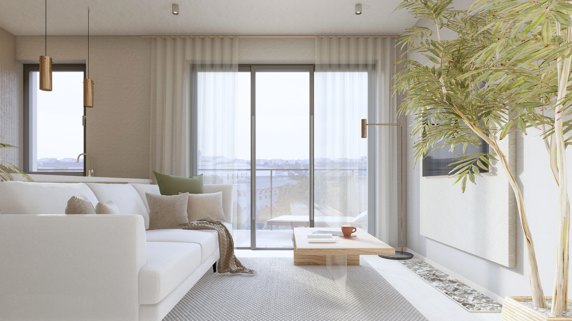 Randare 3D a unei sufragerii in stil minimalist si alb luminos.