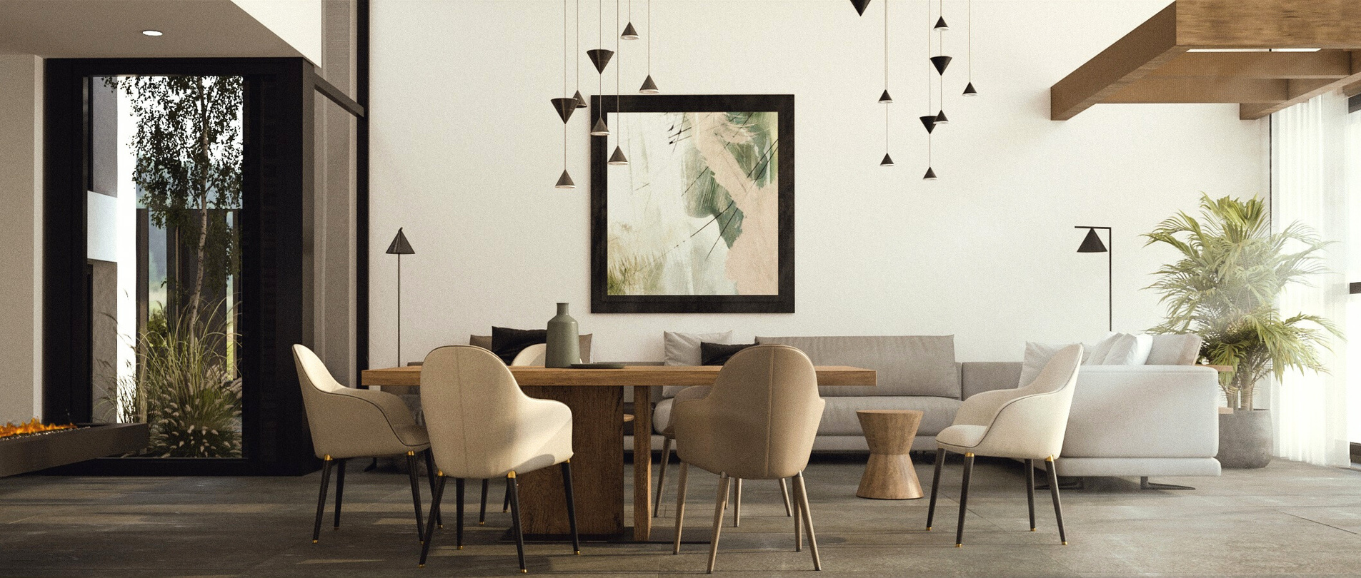 O sufragerie moderna cu o zona de dining, un tablou abstract