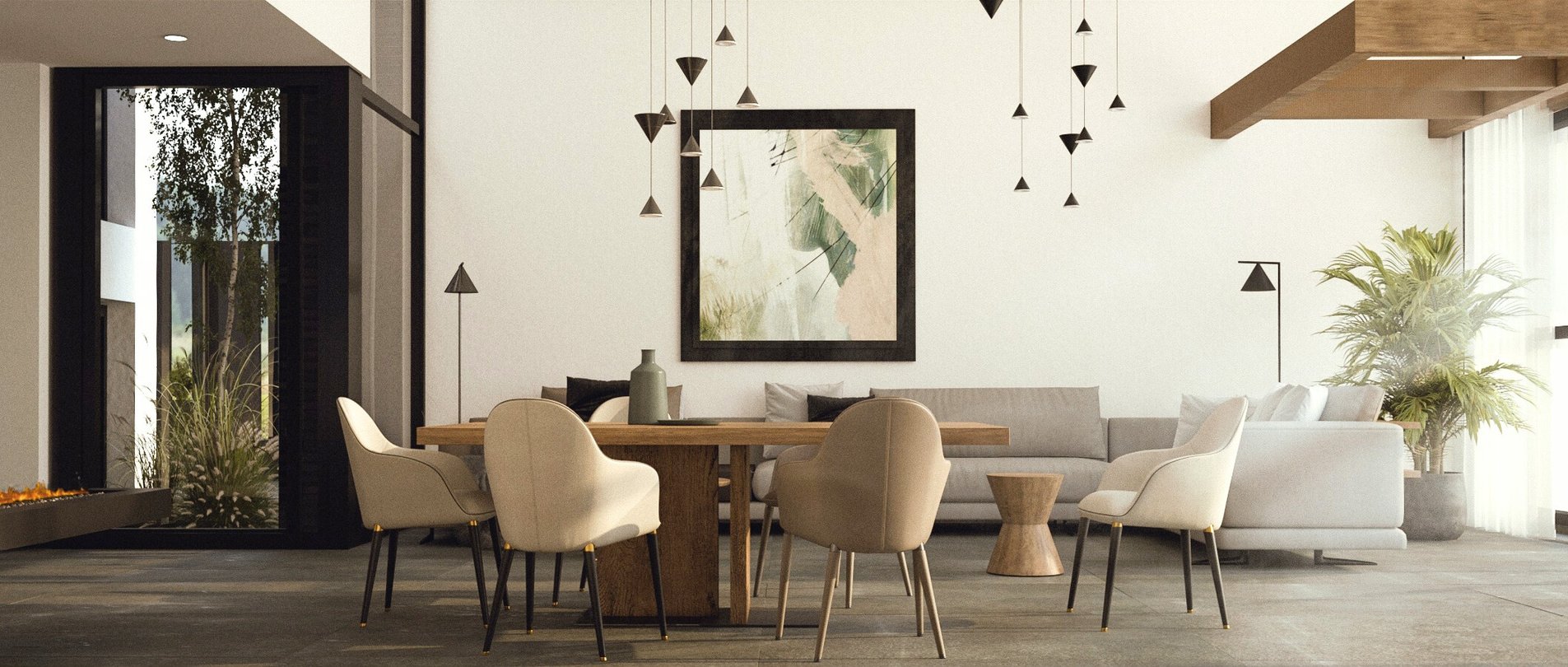 O sufragerie moderna cu o masa de dining, scaune, picturi abstracte si lampi minimaliste.